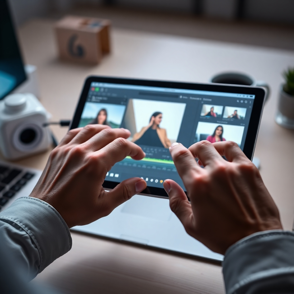 A hyperrealistic, ultra-detailed 8K image showcasing a close-up shot of hands using a tablet to create a video editing project.  The lighting is bright and clear, showcasing the details of the interface and the user’s focused expression. The color palette emphasizes clarity and efficiency—whites, grays, and blues—creating a professional and calm mood.  The camera angle is slightly elevated, directly above the hands, providing a detailed view of the editing process. The background is blurred, maintaining focus on the hands and tablet. The image style should emulate the crisp, clean aesthetic of modern tech tutorials, focusing on the instructional aspects of creating videos with AI assistance. Textures of the tablet screen and the hands are highly detailed. Environmental elements include a well-organized workspace, subtly hinting at productivity. This should represent the ease and efficiency of using AI for creating videos. The image should exude professionalism and clarity.