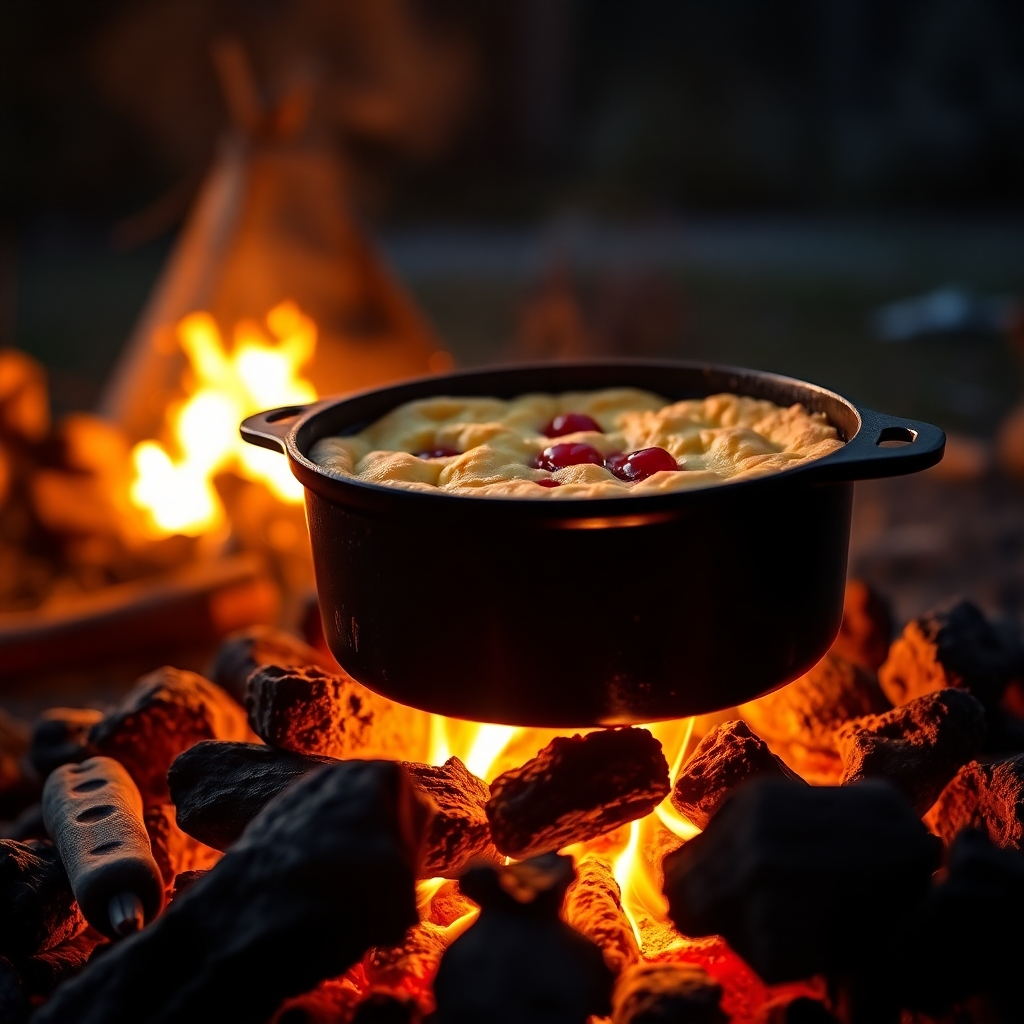 A hyperrealistic, ultra-detailed image (8K resolution) showcasing a delectable campfire dessert. The main subject is a perfectly cooked dutch oven cobbler bubbling gently with golden-brown crust and juicy fruit filling. Soft, warm lighting illuminates the scene, creating a comforting ambiance.  The color palette is warm and inviting, with rich browns, golden yellows, and the deep reds of the fruit filling. The dutch oven is positioned on a bed of glowing embers, with the surrounding campsite softly blurred in the background, under a night sky filled with stars. The scene suggests a calm evening with a focus on delicious dessert, creating a rustic yet romantic feel. The textures should be hyperrealistic—from the crackly crust to the smooth, juicy fruit filling. The camera angle is slightly elevated, looking down at the cobbler with a shallow depth of field, blurring the background.  The style evokes the classic simplicity of outdoor cooking, reminiscent of vintage camping photography. The image emphasizes the warmth and deliciousness of the dessert, creating a sense of comfort and satisfaction.