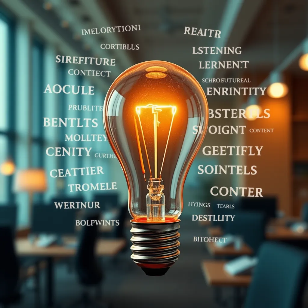 A lightbulb with a glowing filament, surrounded by swirling words and phrases. The scene is set in a modern office environment, emphasizing the creative process of turning ideas into written content.