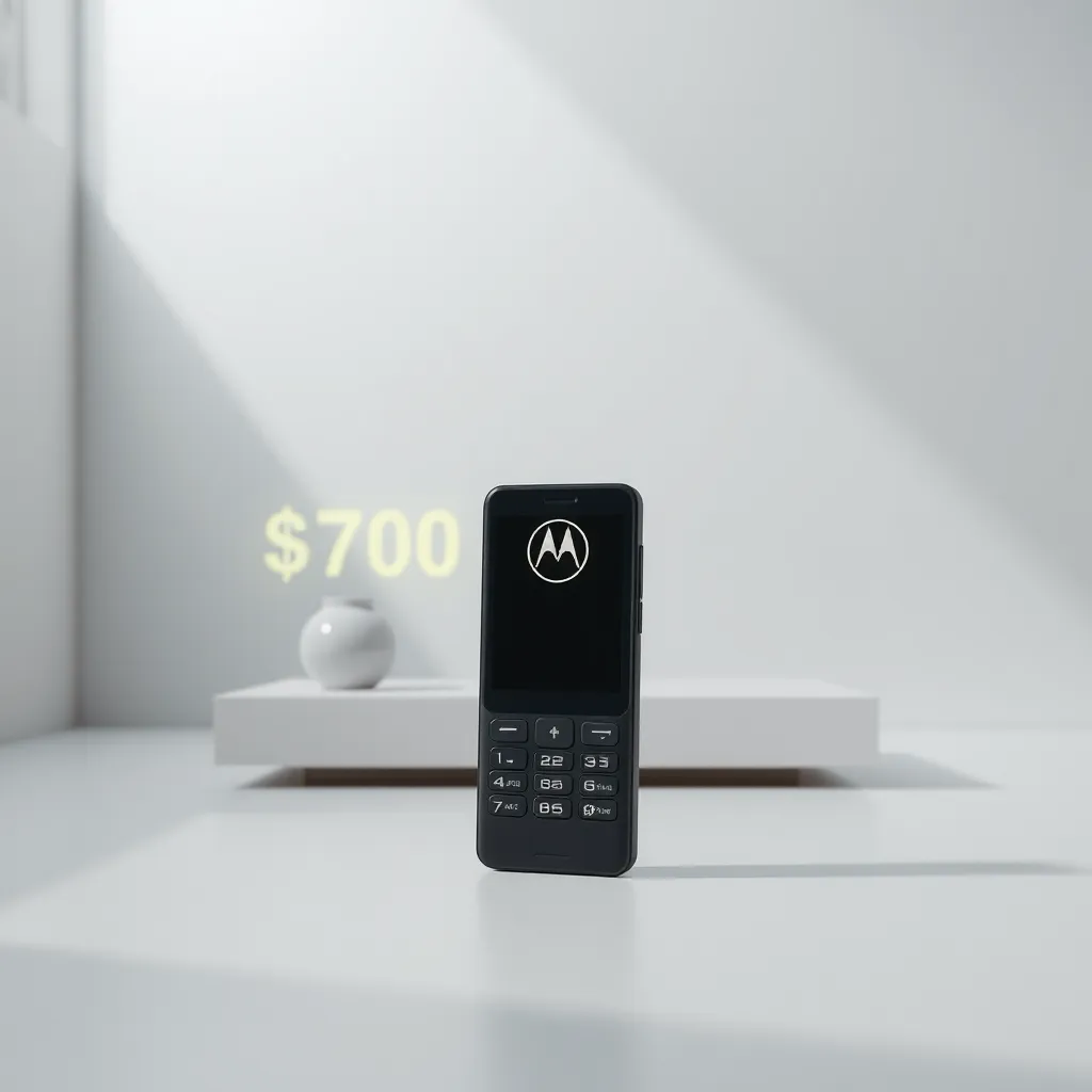 A minimalist image showcasing the Motorola Razr 2024 in a sleek, modern setting. The phone should be prominently displayed, with a price tag of $700 visible in the background. The image should evoke a sense of affordability and value.