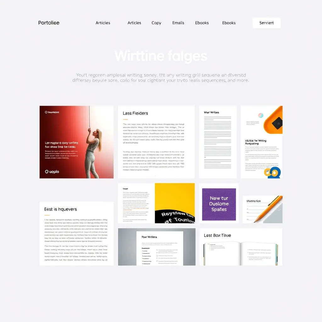 A modern, minimalist website design with a portfolio grid showcasing diverse writing samples, including articles, copy, email sequences, ebooks, and more. Use a bright, modern color scheme with a touch of vibrant color accents to emphasize the diverse nature of the work.