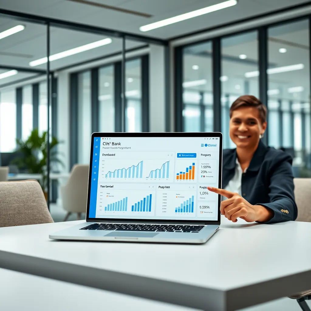 A modern office setting with a laptop displaying Click N' Bank AI dashboard with charts and graphs showing profit growth, alongside a person smiling and pointing at the screen, highlighting the ease of use.