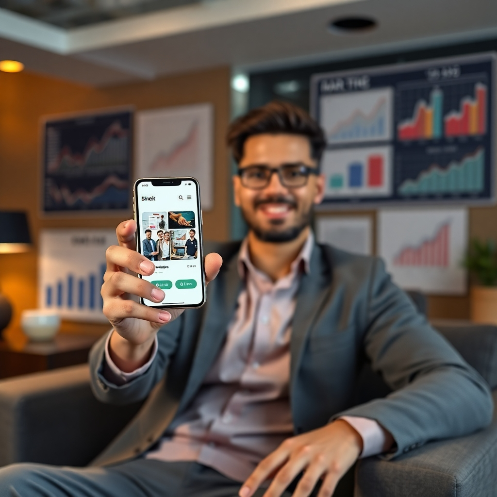 A person confidently presenting a smartphone showcasing a successful AI video ad campaign, while sitting in a comfortable, modern office, surrounded by marketing charts and reports that show upward trends.  The lighting is professional and the overall atmosphere is one of success and focused energy.  The image should be photorealistic and crisp.