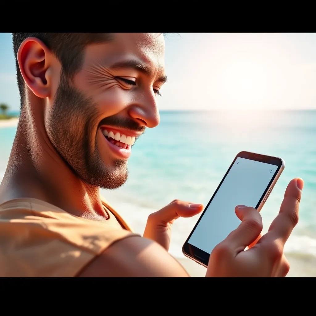 A person is looking at their phone, with a wide smile on their face. The phone screen is displaying a notification of a large sum of money earned through affiliate marketing. The background is a beach scene with crystal-clear water, representing the freedom and flexibility of earning passive income with Click N' Bank AI. The sun is shining brightly, showcasing the potential for a successful and fulfilling lifestyle.