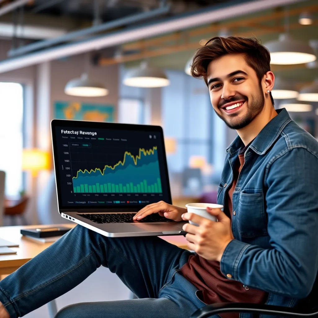 A person wearing casual clothing is sitting at a desk with a laptop. On the laptop screen is a detailed graph showcasing a significant increase in revenue. The background is a vibrant, colorful office space, representing the potential for success with Click N' Bank AI. The person is smiling and holding a cup of coffee, indicating the enjoyment of making money effortlessly.
