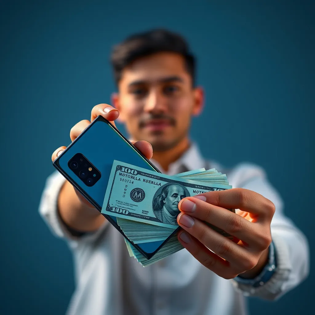 A photo of a person holding the Motorola Razr 2024 in one hand and a stack of bills in the other, showcasing the phone's affordability compared to other foldable phones.