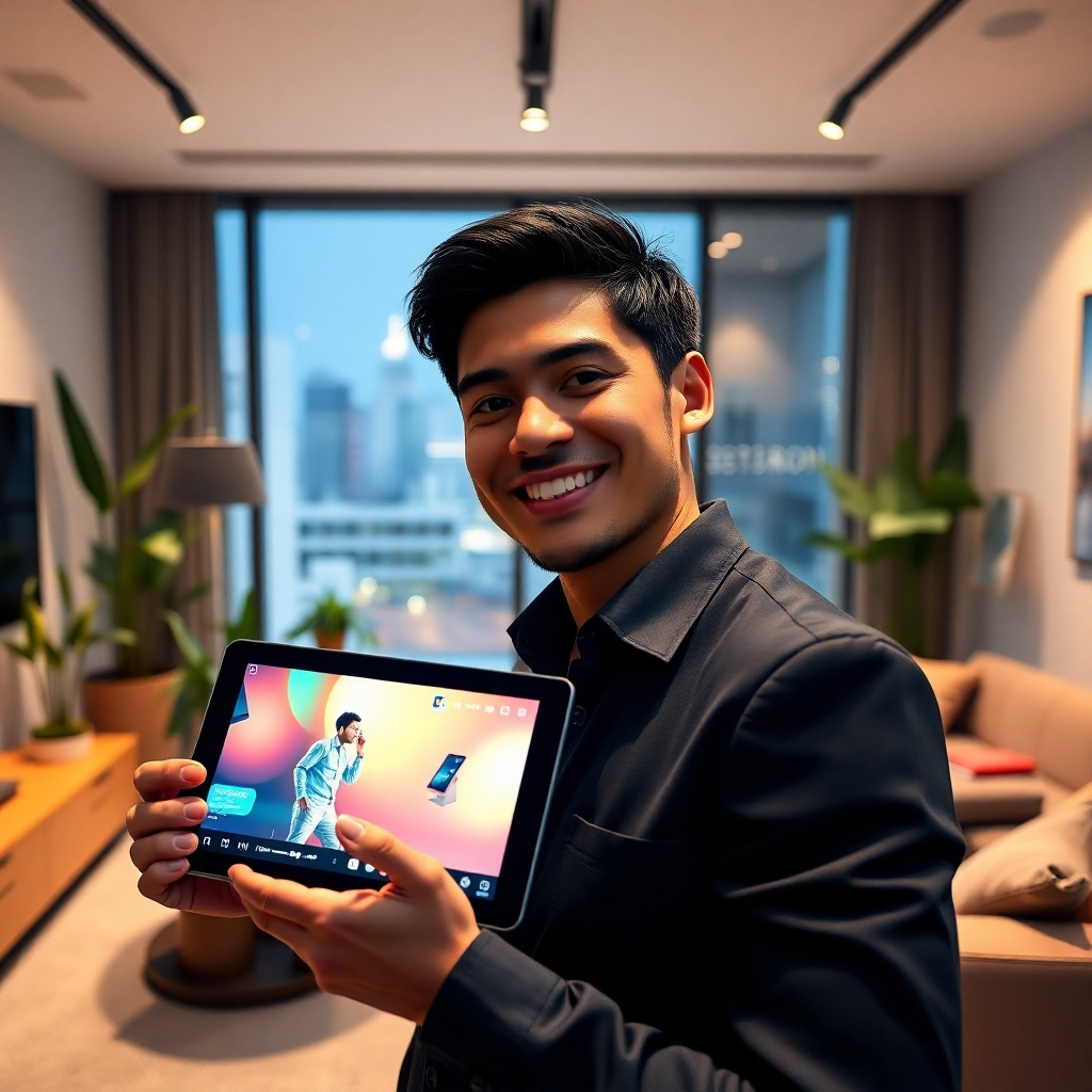 A photorealistic, 8K resolution image depicting a young, successful entrepreneur smiling confidently in a modern, minimalist office. Soft, diffused lighting illuminates the scene, enhancing the warm, inviting atmosphere. The color palette is vibrant yet professional, with earthy tones accented by pops of the product's brand color (a deep teal). The camera angle is slightly low, creating a dynamic perspective that emphasizes the subject's success. The entrepreneur is holding a tablet displaying a captivating product video with vibrant colors. The background features sleek furniture, potted plants, and a large window offering a view of a bustling cityscape. The overall style is inspired by the work of Annie Leibovitz, emphasizing a clean, elegant aesthetic with sharp focus and detailed textures. The image should evoke feelings of trust, success, and inspiration. Include subtle product placement throughout the scene, enhancing the overall brand integration. The image should have a hyperrealistic rendering, with ultra-detailed textures on clothing, skin, and the environment.