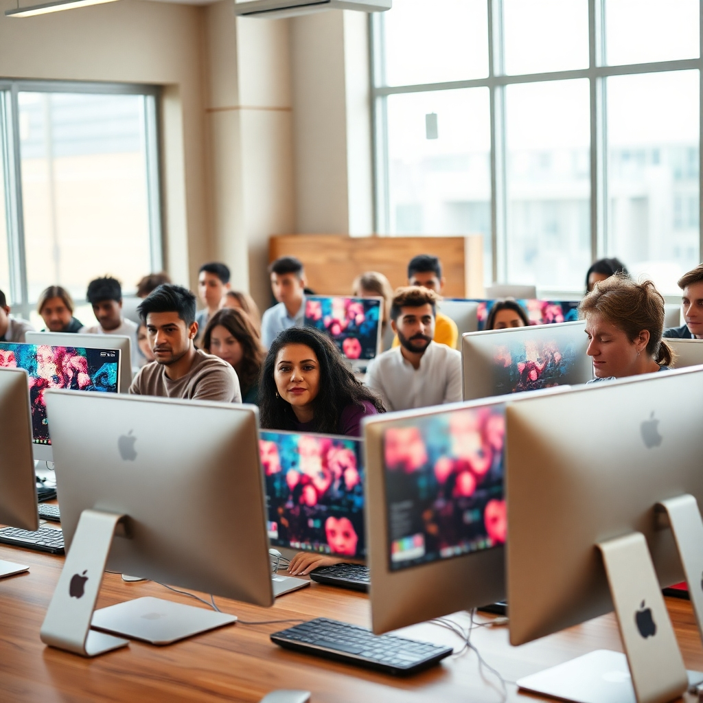 A photorealistic, ultra-high definition 8K image depicting a diverse group of students, approximately 10-15 people of varying ages and ethnicities, attentively engaged in an AI video editing class. The setting is a modern, bright classroom with large windows allowing soft, diffused natural light to flood the room. The color palette is warm and inviting, with muted earth tones and pops of bright color from technology displays.  Students are surrounded by high-end iMacs, each displaying vibrant, dynamic AI-generated video projects.  The camera angle is slightly elevated, offering a comprehensive view of the class.  The textures should include the smooth surfaces of the iMacs, the rough texture of a wooden table, and the soft texture of clothing.  The mood is energetic, collaborative, and inspiring.  The background subtly includes elements suggesting technological advancement— perhaps sleek, futuristic architectural details visible through the windows.  The overall style is reminiscent of the work of Annie Leibovitz, capturing the candid energy of a learning environment.  The image should be hyperrealistic, with exceptional detail in each element, from the fine textures of fabrics to the reflections on the screens.