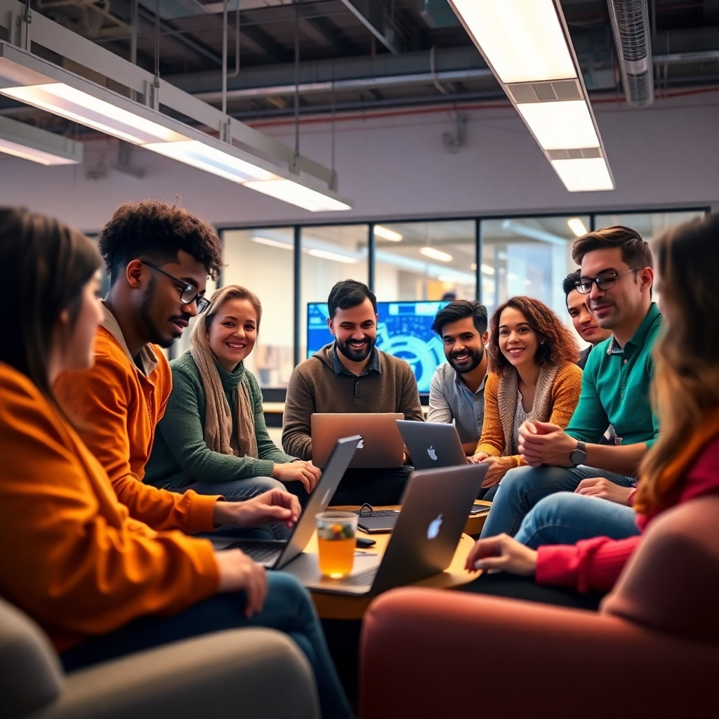 A photorealistic, ultra-high definition 8K image of a diverse group of people, about 10-15 individuals, collaborating on AI video projects in a modern, collaborative workspace.  The setting is brightly lit with soft, diffused lighting, creating a warm and welcoming atmosphere. The color palette is vibrant, featuring various bold and bright colors representing the creativity of the group.  The camera angle is a slightly wide shot, showing the group interacting and working together. The textures should include the sleek surfaces of technology, the varied textures of clothing, and the inviting texture of comfortable seating.  The mood is collaborative, supportive, and energetic. The environment includes elements of modern technology and creative spaces— open workspaces, shared screens, and comfortable seating.  There should be visible evidence of active collaboration— shared laptops, idea-sharing, and hands-on work.  The style is reminiscent of a contemporary photography exhibition showcasing teamwork and innovation. The image should be hyperrealistic with exceptional detail to each element, from the expression of individuals to the subtle lighting and reflections.