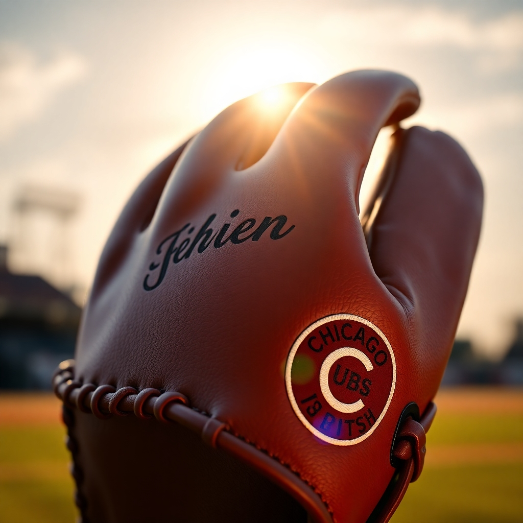 A photorealistic close-up shot of a high-quality leather baseball glove. The glove should be personalized with intricate, embossed stitching featuring a recipient's name and a Chicago Cubs player's number. The background should be a subtly blurred image of a baseball field, with the sun casting a warm glow on the glove.