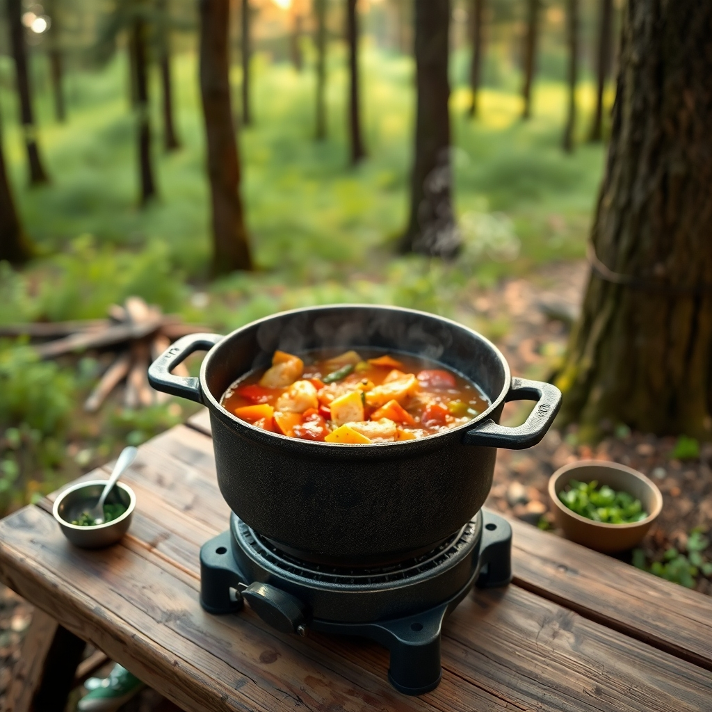 A photorealistic image, 8K resolution, of a rustic camping scene. The focal point is a single, large cast iron pot simmering on a portable camping stove. Inside, a hearty stew with vegetables and meat is visible, steaming gently. The scene is lit by soft, diffused daylight filtering through the trees. The color palette is warm and inviting, featuring earthy tones of brown, green, and orange. The pot is made of seasoned cast iron, showing signs of use but still beautifully maintained. A worn wooden table nearby holds a few simple utensils and a small bowl of fresh herbs.  The background includes a peaceful forest setting with towering trees and soft green undergrowth. The camera angle is slightly elevated, offering a clear view of the pot and its contents. The image should have an overall cozy and inviting feel, reminiscent of classic camping photography, with a hyperrealistic focus and a texture-rich style. The image must convey simplicity, ease of preparation, and deliciousness.