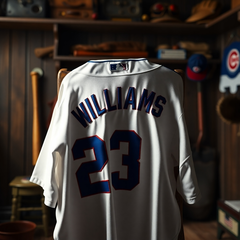 A photorealistic image, 8K resolution, hyperrealistic detail, showcasing a personalized Chicago Cubs jersey.  The jersey is a classic home white, with the player's name (e.g., 'Williams') and number (e.g., '23') crisply embroidered in classic blue lettering.  The stitching is highly detailed, showing individual threads. The jersey is draped artfully over a weathered, wooden chair in a dimly lit, vintage-style baseball locker room. Soft, diffused lighting enhances the texture of the fabric.  The color palette is classic Cubs white, blue, and red, with a warm, nostalgic mood.  The camera angle is a slightly elevated three-quarter view, capturing the detail of the embroidery and the texture of the fabric. The background includes vintage baseball equipment like bats and gloves, creating a sense of history and tradition.  The style references the works of renowned sports photographers, emphasizing realism and emotional depth.  The overall feeling should evoke nostalgia and a sense of personal connection to the team.  The image should feel rich in texture and color, inviting the viewer to reach out and touch the fabric.