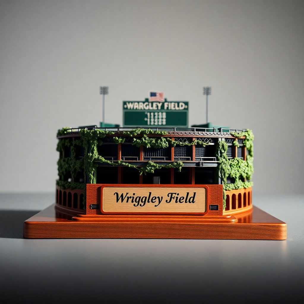 A photorealistic image, 8K resolution, showcasing a miniature model of Wrigley Field with a custom engraved name or message.  The model is exquisitely detailed, capturing the iconic ivy-covered walls, the scoreboard, and other architectural features. The engraving is crisp and clear, elegantly placed on the base of the model.  Dramatic side lighting creates depth and highlights the texture of the miniature stadium and the crispness of the engraving. The color palette is muted and realistic, with the greens of the ivy, the browns of the wood, and the blues of the sky faithfully represented.  The camera angle is a slightly elevated, close-up view, emphasizing the details of the model and the engraving. The background is a simple, neutral backdrop that doesn't distract from the model. The style references architectural photography, emphasizing detail and precision. The image is hyperrealistic, capturing the texture of the wood, metal, and ivy. The overall mood is one of elegance and personal pride of ownership. The image is ultra-detailed, showcasing the precision of the model and the clarity of the engraving.