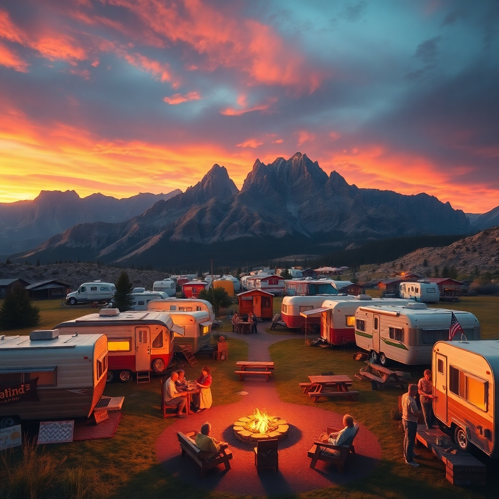 A photorealistic image, ultra-high quality, 8K resolution. Depict a vibrant trailer park nestled amidst a picturesque mountain range.  The setting sun casts a warm, golden light on the scene, creating long shadows that add depth. The color palette is rich and diverse, with earthy tones from the surrounding mountains and vibrant colors from the retro-styled trailers. The image showcases various trailers, each uniquely decorated with vintage signs and personal touches.  The camera angle is from a slightly elevated position, capturing the entire trailer park and the expansive landscape. Detailed textures are visible, including the weathered wood of the trailers, the lush green grass, and the rough texture of the mountains.  The sky is a breathtaking blend of orange, pink, and purple hues. The scene includes a communal campfire area with people socializing, adding a sense of community. The image evokes a feeling of nostalgia and adventure. Style inspired by vintage travel photography and classic American roadside attractions.