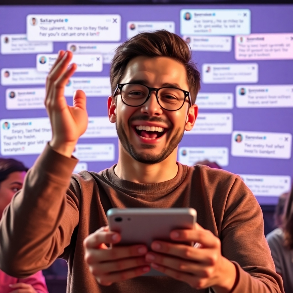 A photorealistic image depicting a person enthusiastically interacting with their online community. The background displays various social media comments and messages expressing positive feedback about their AI-generated video content.  A branded logo and consistent color scheme should be subtly visible throughout the scene, emphasizing the importance of a strong brand identity. The overall mood should be cheerful, inviting and collaborative.