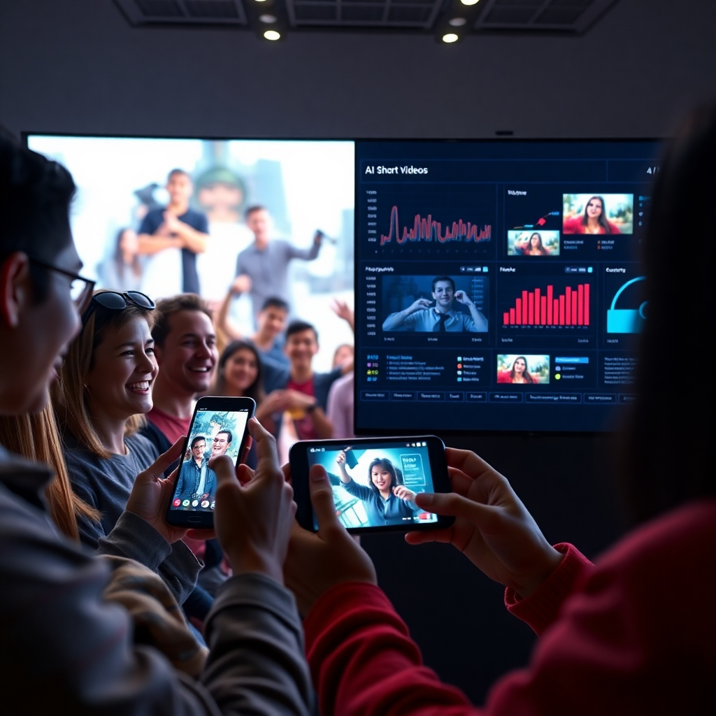 A photorealistic image depicting a split screen: one side shows a diverse group of people enthusiastically watching unique short videos on their smartphones, and the other side displays an AI dashboard analyzing viewer data and personalizing video content in real-time.  The overall style should be dynamic and engaging.