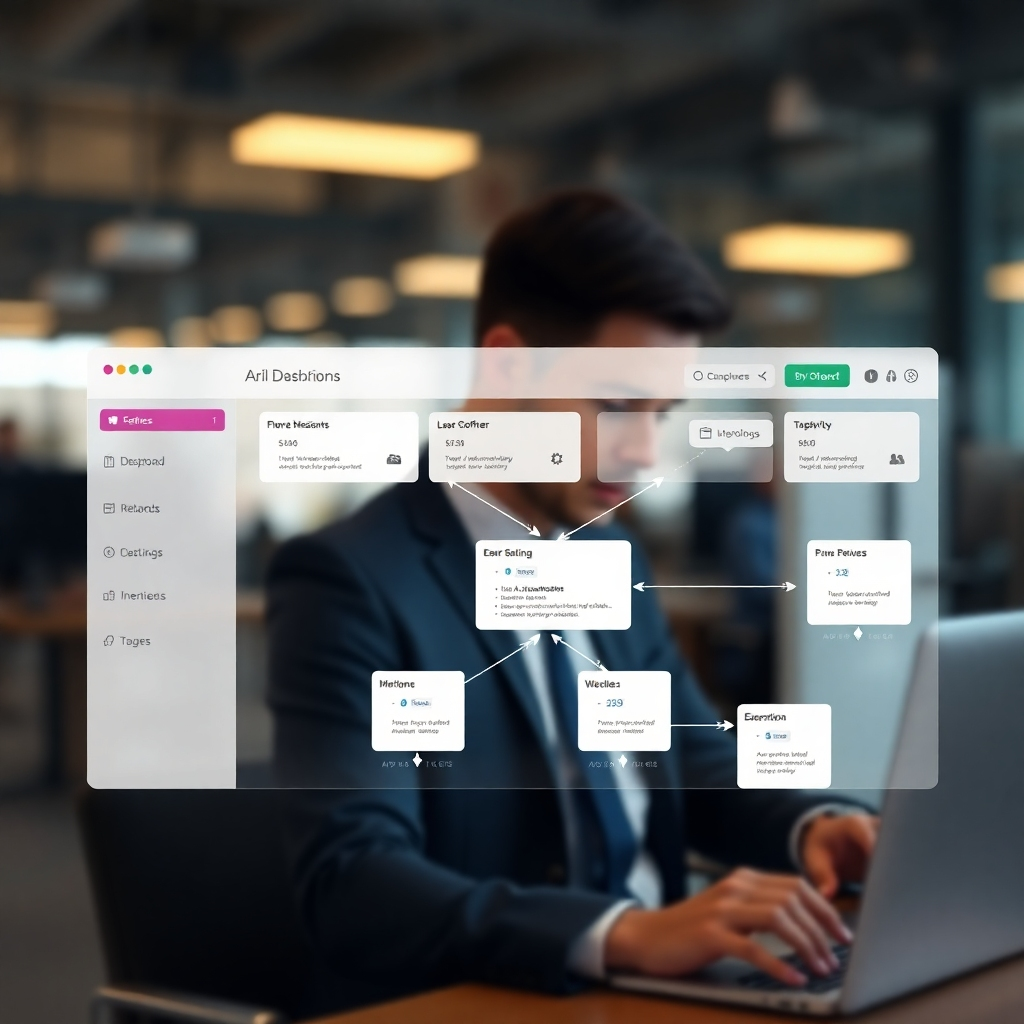 A photorealistic image depicting a clean, intuitive dashboard interface of an email automation platform, showing automated workflows visually represented with interconnected nodes and arrows.  The background is a blurred image of a busy professional working efficiently.