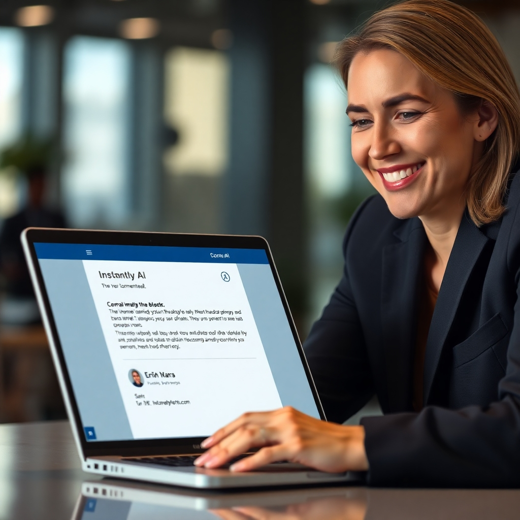 A photorealistic image of a businessperson smiling confidently while looking at a laptop displaying a personalized email from Instantly AI. The background shows a blurred but professional office environment. The focus should be on the positive and personal aspect of the interaction, conveying a sense of connection and trust.  The email should show clear personalization, such as the recipient's name and company logo.