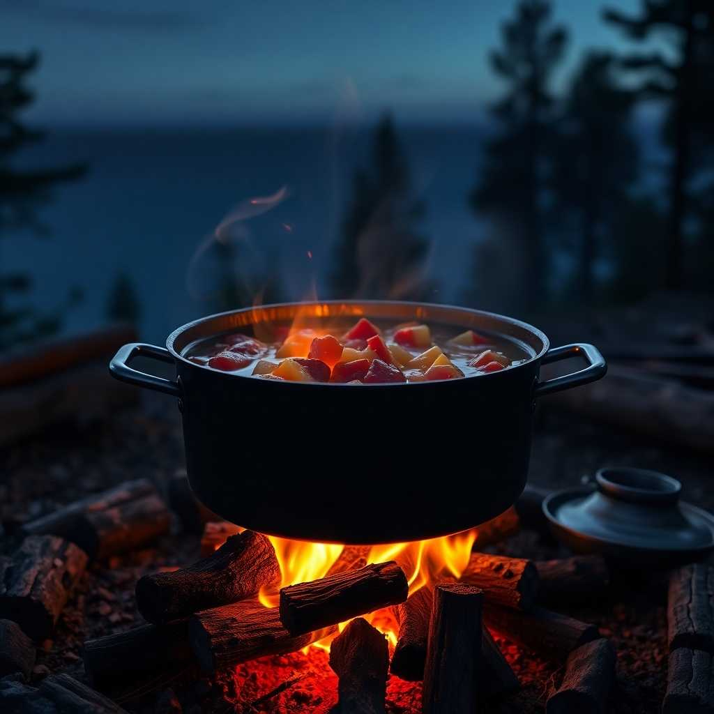 A photorealistic image of a bubbling pot of hearty stew cooking over a campfire, with flames licking the bottom of the pot.  The scene is set in a serene camping environment, with pine trees in the background and a clear night sky visible. The stew should have visible vegetables and chunks of meat.