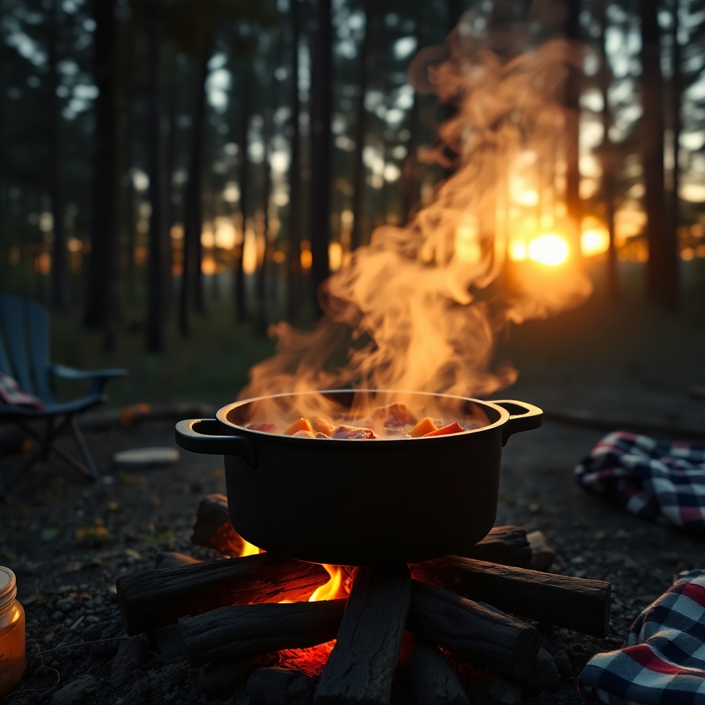 A photorealistic image of a cast iron Dutch oven sitting on a campfire, filled with a bubbling stew.  The scene should be set in a lush forest at sunset, with warm lighting highlighting the steam rising from the pot. Include camping chairs and a nearby picnic blanket for ambiance.