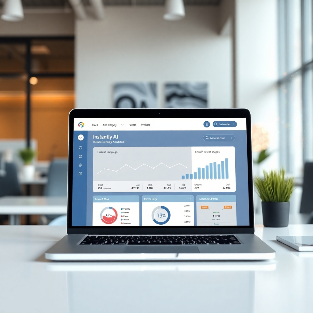 A photorealistic image of a clean, modern office workspace with a laptop displaying the Instantly AI dashboard showing automated email campaign progress.  The background should be blurred, focusing on the laptop screen.  The overall mood should be one of efficiency and productivity.  Include subtle elements representing success, such as a celebratory confetti graphic or a chart indicating positive campaign results.