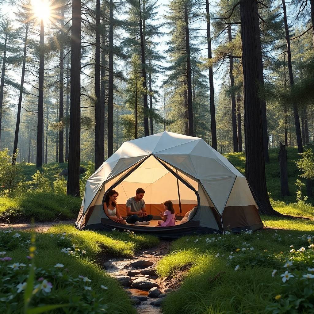 A photorealistic image of a family setting up a spacious dome tent in a sun-dappled forest clearing. The tent is surrounded by tall trees, lush greenery, and wildflowers.  A small stream flows gently in the background.  The scene should convey a sense of peace, adventure, and family bonding.