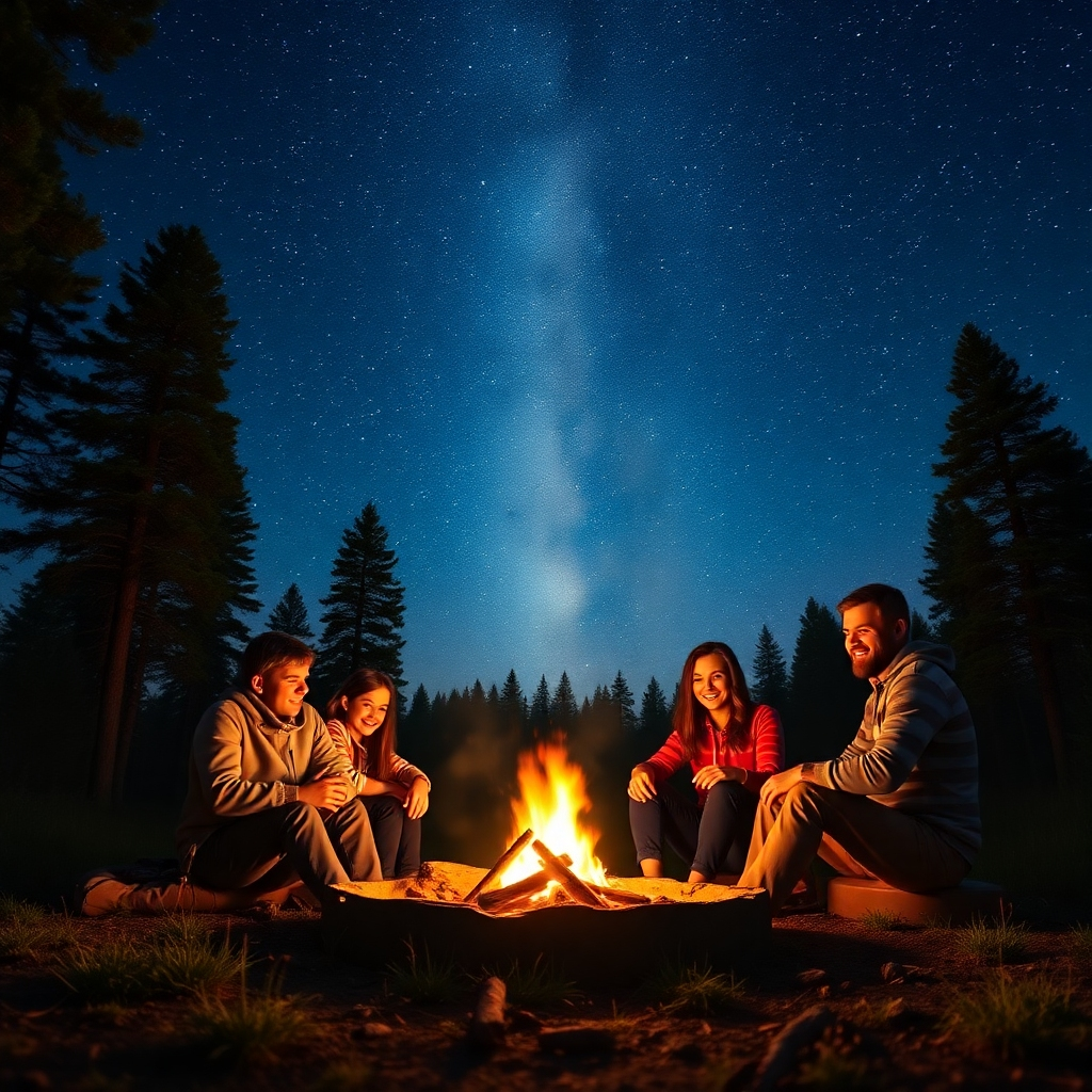 A photorealistic image of a family sitting around a campfire under a breathtaking night sky filled with stars, illuminated by the warm glow of the fire.  The scene should be set in a peaceful forest clearing with tall trees surrounding them. The family should be smiling and enjoying each other's company.  High detail, cinematic lighting, 8k resolution