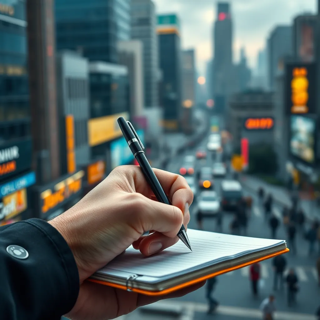 A photorealistic image of a hand holding a pen, writing on a notepad with a background of a cityscape, signifying the connection between words and people in a bustling urban environment.