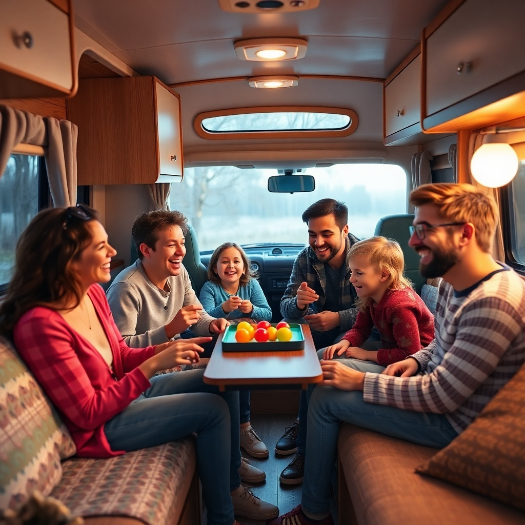 A photorealistic image of a happy family inside a spacious and well-equipped camper trailer.  They should be playing games and laughing together, surrounded by a cozy and comfortable interior. The image should convey feelings of warmth, family togetherness, and comfort. High detail, warm lighting, 8k resolution