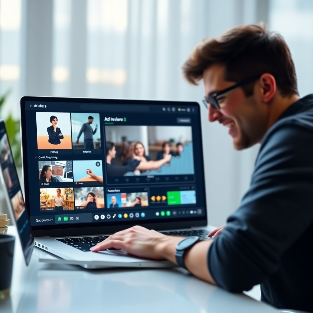 A photorealistic image of a laptop screen displaying various ads integrated within an engaging AI-generated video.  The background should show a person happily reviewing their ad revenue analytics, while a brand logo subtly appears in a corner of the video, suggesting a successful sponsorship. The overall setting should feel professional and sophisticated, conveying success and financial gain.