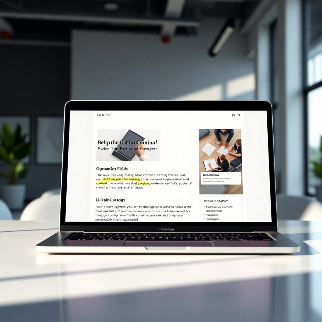 A photorealistic image of a laptop screen displaying a sophisticated email template with personalized fields highlighted, showcasing dynamic content pulled from various sources like LinkedIn. The background should be a modern, minimalist office setting with natural light.