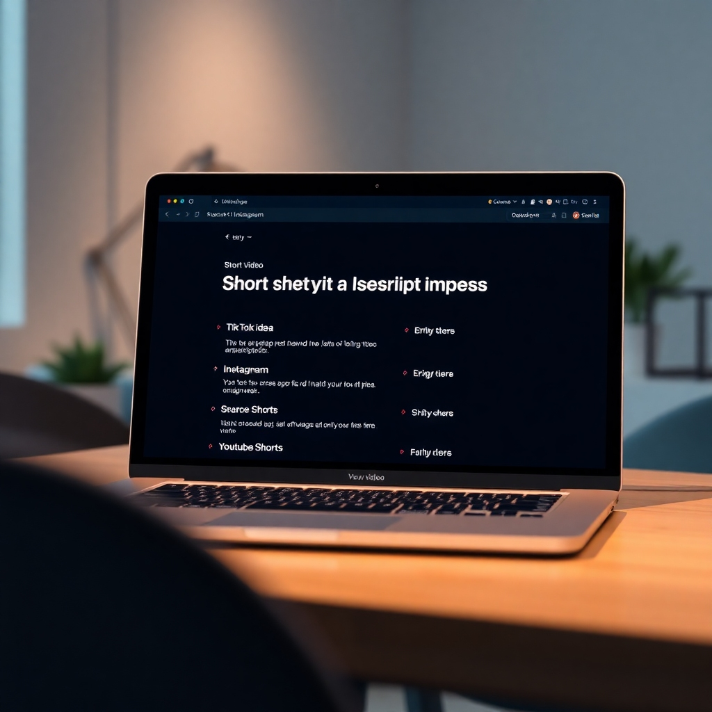  A photorealistic image of a laptop screen displaying AI-generated script ideas for a short video, with keywords like 'TikTok' , 'Instagram' , and 'YouTube Shorts' visible. The background should be a modern, minimalist workspace with subtle lighting.