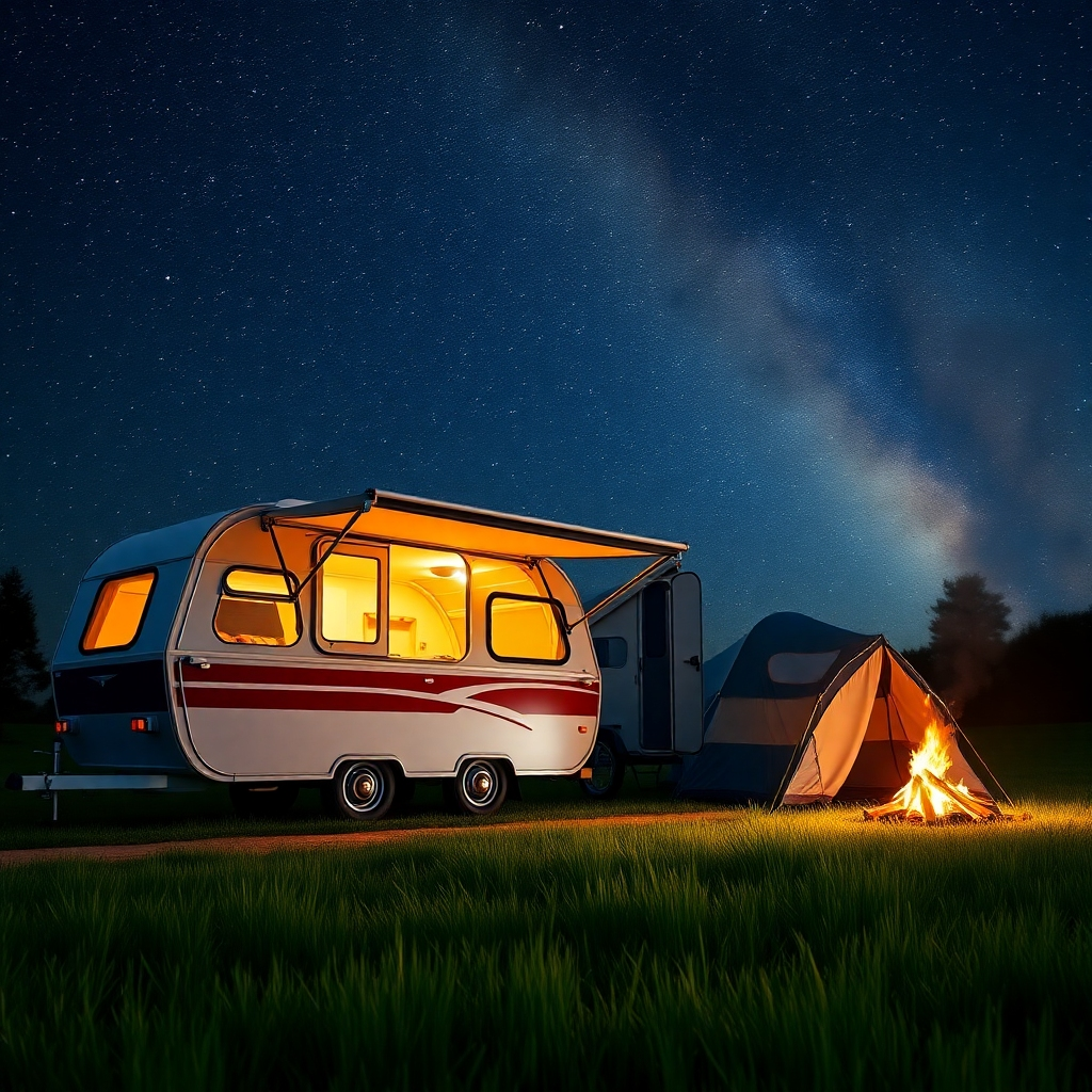 A photorealistic image of a luxurious camper trailer parked next to a tent under a breathtaking night sky full of stars. The tent should be illuminated from within, showcasing a cozy interior.  A campfire crackles nearby, casting a warm glow on the scene.  The foreground features lush green grass. The overall mood should be serene and inviting.