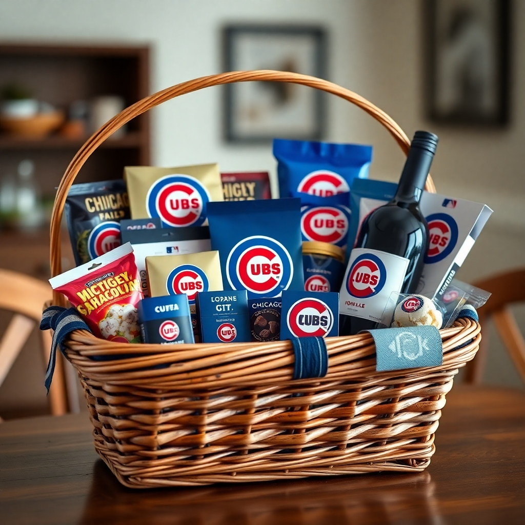 A photorealistic image of a luxurious wicker basket overflowing with Chicago Cubs themed gourmet goodies. Include Wrigley Field-inspired snacks, local Chicago chocolates, gourmet popcorn in Cubs colors, and a Cubs logo-emblazoned bottle of wine. The basket should be elegantly arranged and positioned on a wooden table with a blurry background suggesting a comfortable home setting.