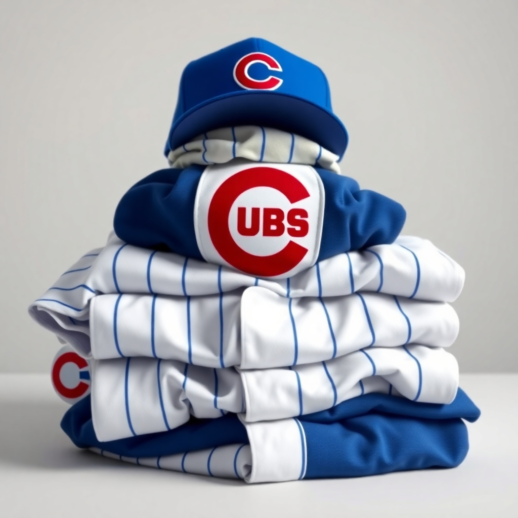 A photorealistic image of a neatly folded stack of Chicago Cubs jerseys, hats, and t-shirts, showcasing the team logo prominently.  The background should be a clean, neutral color, with soft, natural lighting to highlight the quality of the apparel.  Include a subtle Wrigley Field backdrop in soft focus.