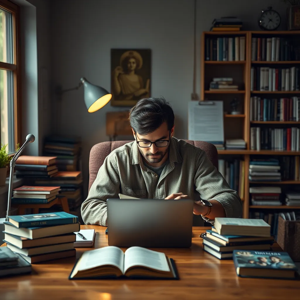 A photorealistic image of a person sitting at a desk, surrounded by books and a laptop, actively learning and researching, emphasizing the continuous pursuit of knowledge in a comfortable and inspiring setting.