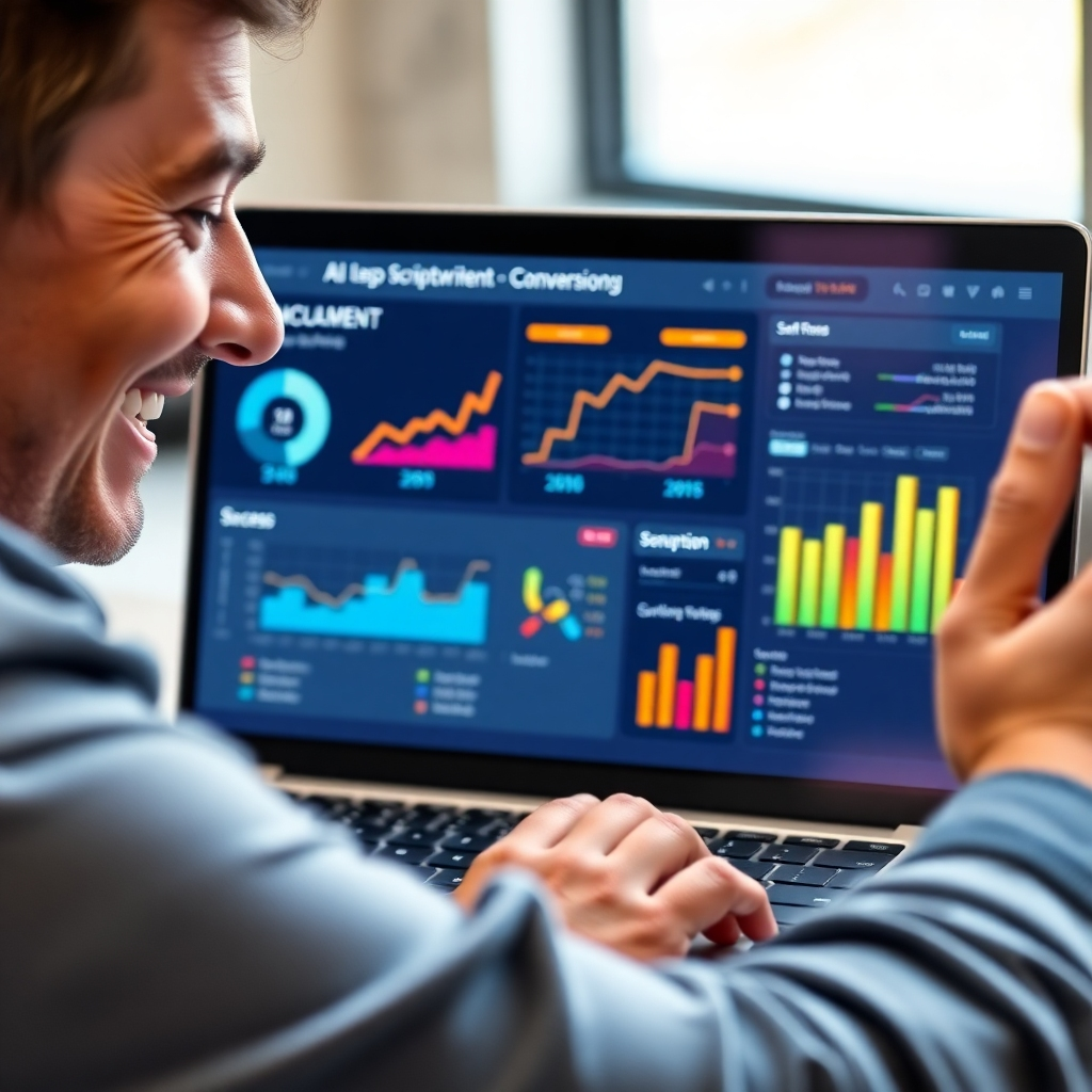 A photorealistic image of a person smiling, looking at a laptop screen displaying an AI scriptwriting tool, with colorful charts and graphs showing increased engagement and conversion rates in the background.  The overall style should be clean, modern, and professional, with a focus on technology and success.