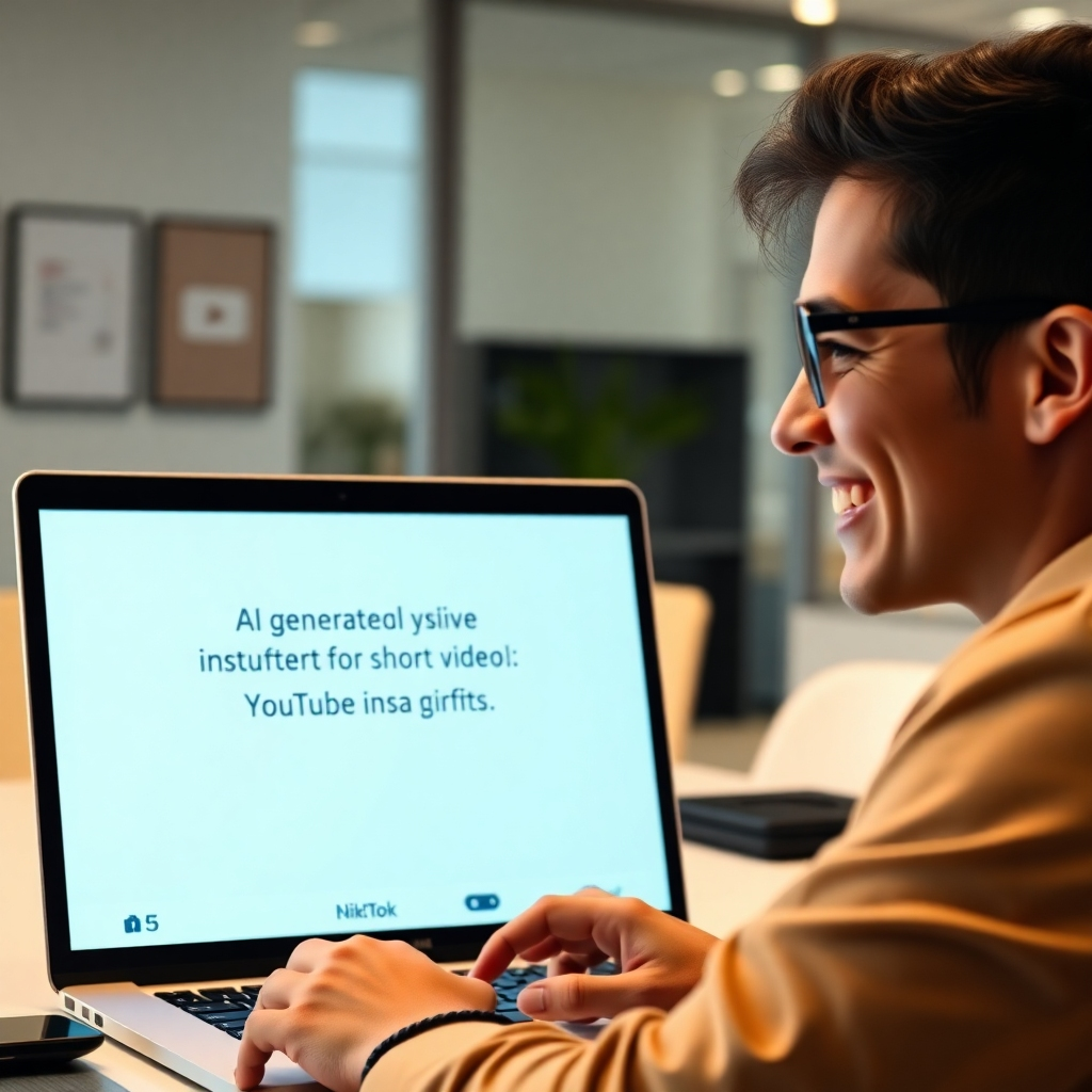 A photorealistic image of a person smiling and looking at a laptop screen displaying AI-generated script text for a short video, with icons of TikTok, Instagram, and YouTube in the background.  Bright, modern office setting.