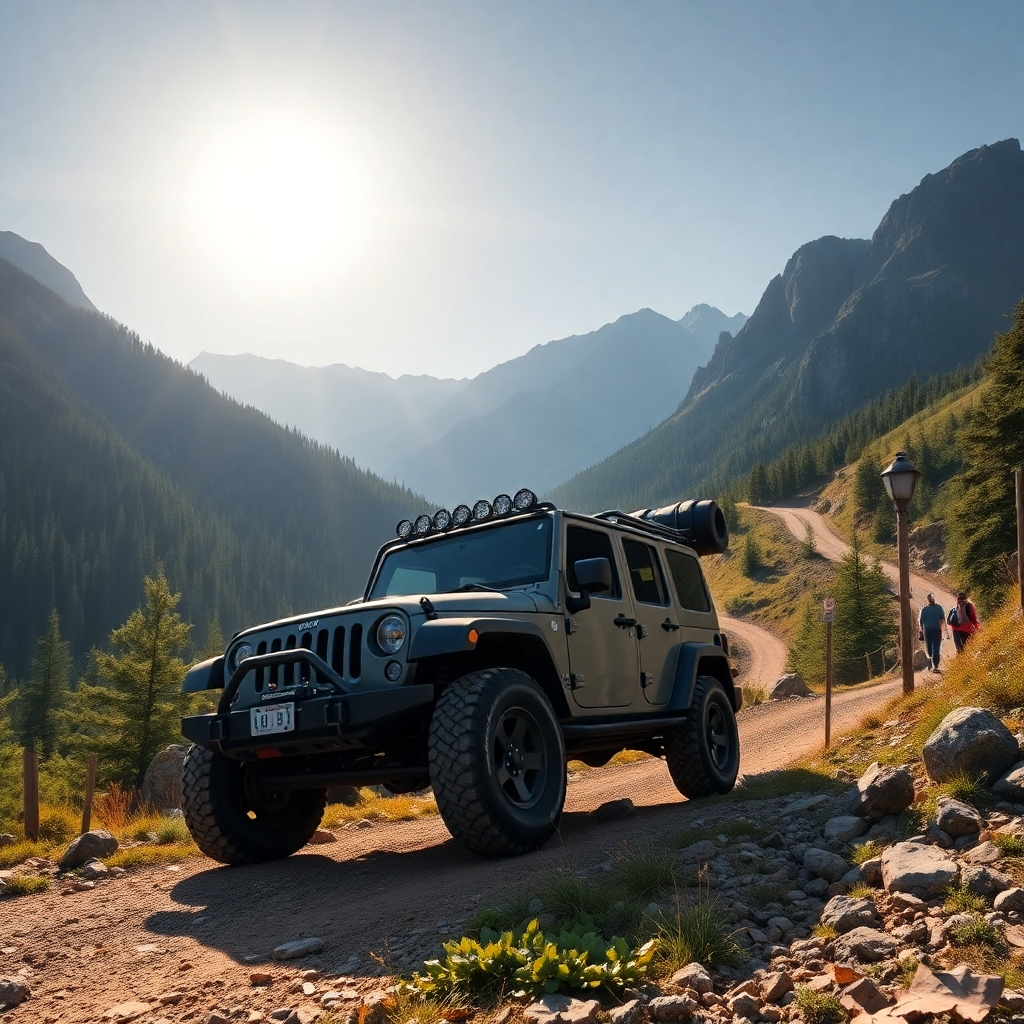 A photorealistic image of a rugged off-road vehicle driving along a winding mountain trail. Lush green forests and majestic rocky mountains should be visible in the background. The sun should be shining brightly. The vehicle should look powerful and adventurous. High detail, vibrant colors, cinematic lighting, 8k resolution