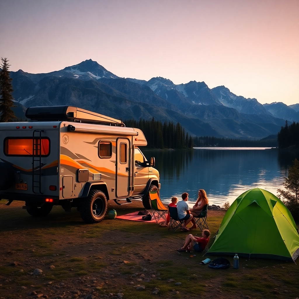 A photorealistic image of a rugged off-road camper trailer parked near a lake.  A brightly colored tent is pitched close by, with camping chairs and a table set up for relaxation. A family is visible, some enjoying the lake and others relaxing around the table.  Mountains are visible in the background. The lighting should be golden hour.