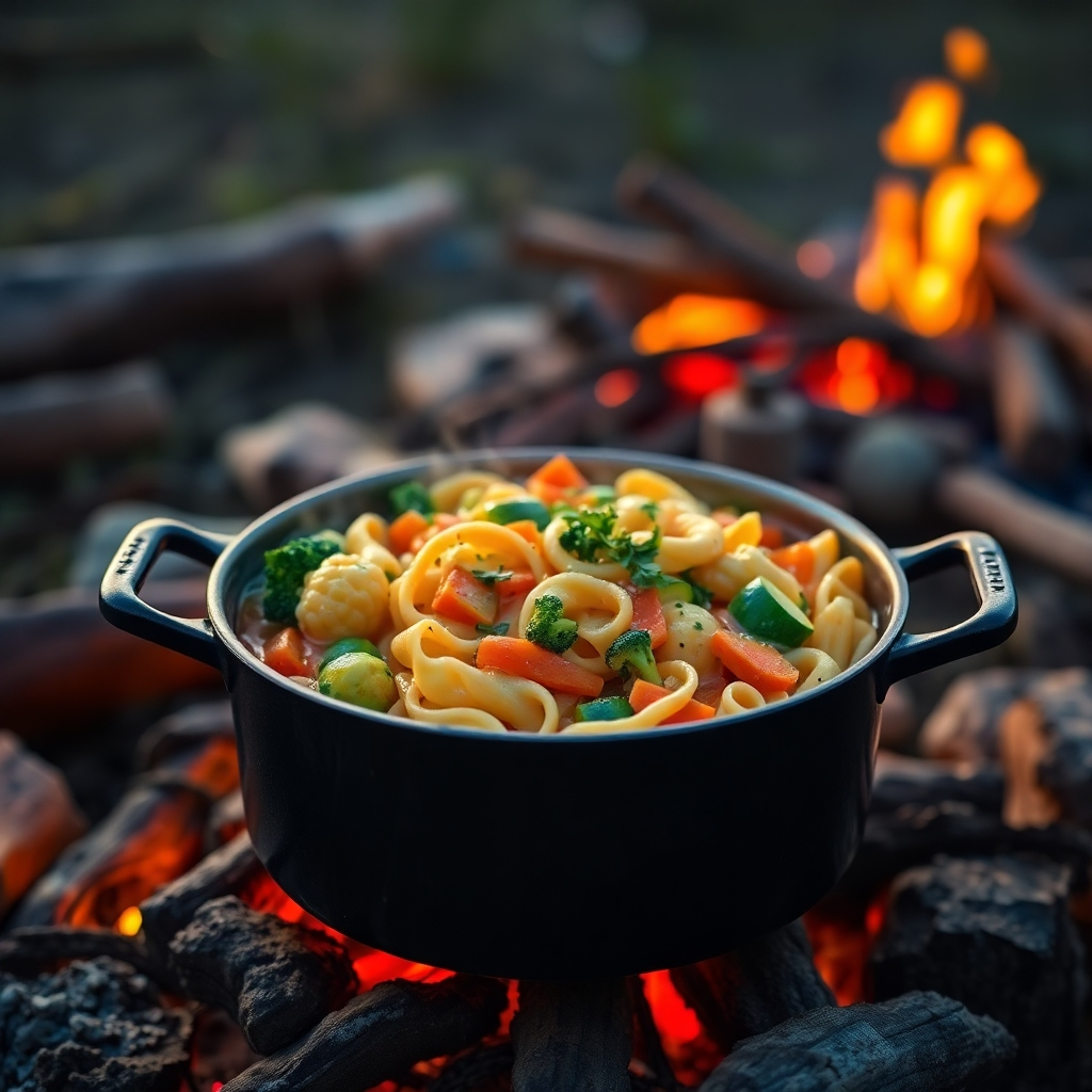 A photorealistic image of a single pot simmering on a campfire, filled with vibrant, colorful pasta primavera. The scene should be set in a campsite at sunset, with a slight bokeh effect on the background.  Include details like steam rising gently from the pot, and visible pieces of pasta, vegetables (broccoli, carrots, zucchini), and herbs.  The pot should be cast iron, adding to the rustic camping feel. The overall lighting should be warm and inviting.