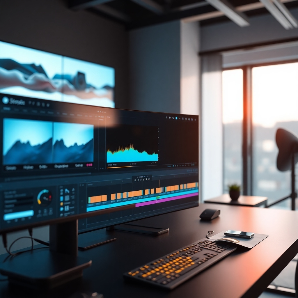 A photorealistic image of a sleek, modern video editing software interface, showcasing AI-powered features like automated color correction, noise reduction, and dynamic text generation.  The scene should be bright, clean, and modern, with a focus on speed and efficiency.