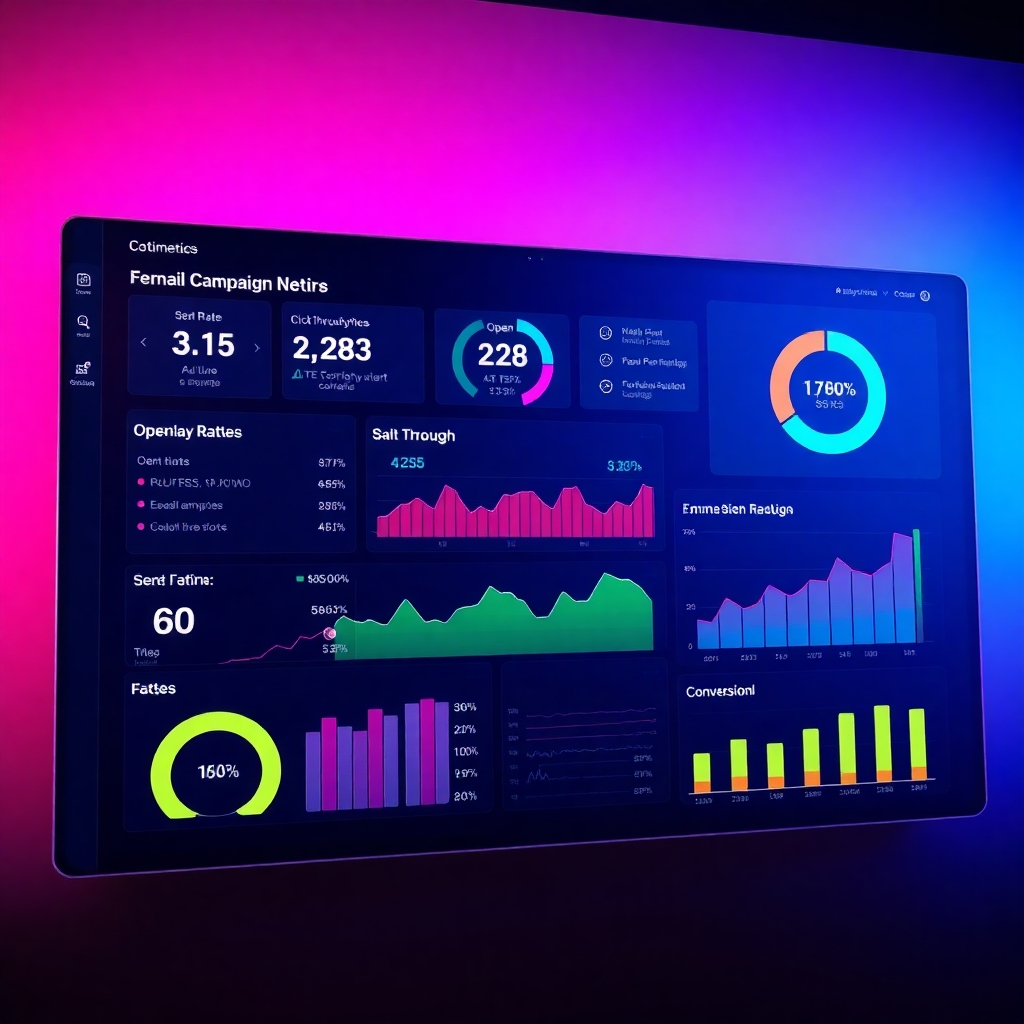 A photorealistic image of a sleek, interactive dashboard displaying key email campaign metrics such as open rates, click-through rates, and conversion rates in an easily understandable format. Use a vibrant color scheme to highlight key performance indicators.