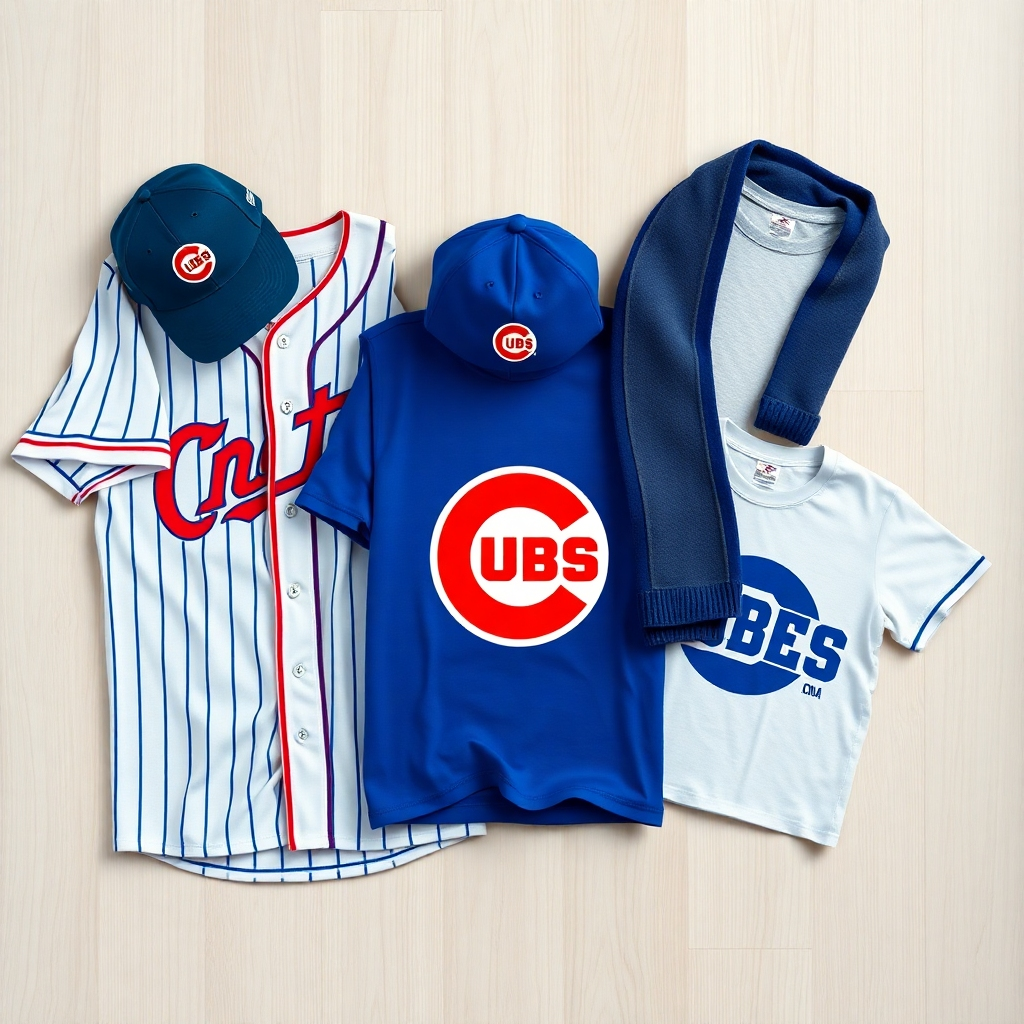  A photorealistic image of a variety of Chicago Cubs apparel neatly arranged: a classic jersey, a trendy hat, a stylish scarf, and a commemorative t-shirt, all showcasing the team logo prominently. The background should be a clean, light wood surface, with natural lighting enhancing the quality of the clothing items.