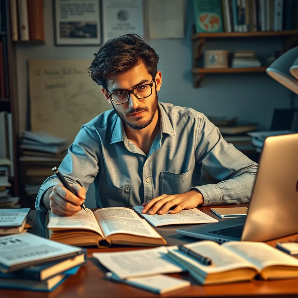 A photorealistic image of a writer sitting at a desk, surrounded by various books, papers, and a laptop. They are holding a pen in their hand, with a thoughtful expression on their face. The image should evoke a sense of creativity and inspiration, highlighting the power of words and visuals.