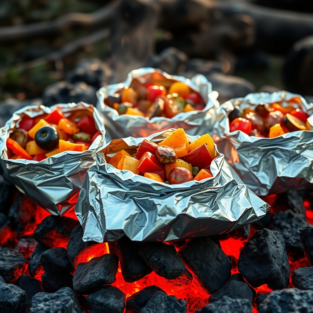 A photorealistic image of several foil packets filled with colorful vegetables and seasoned meats, sitting on hot coals of a campfire.  Steam is gently rising from the packets, creating an appetizing image. The setting is a rustic campsite with a focus on the foil packets.
