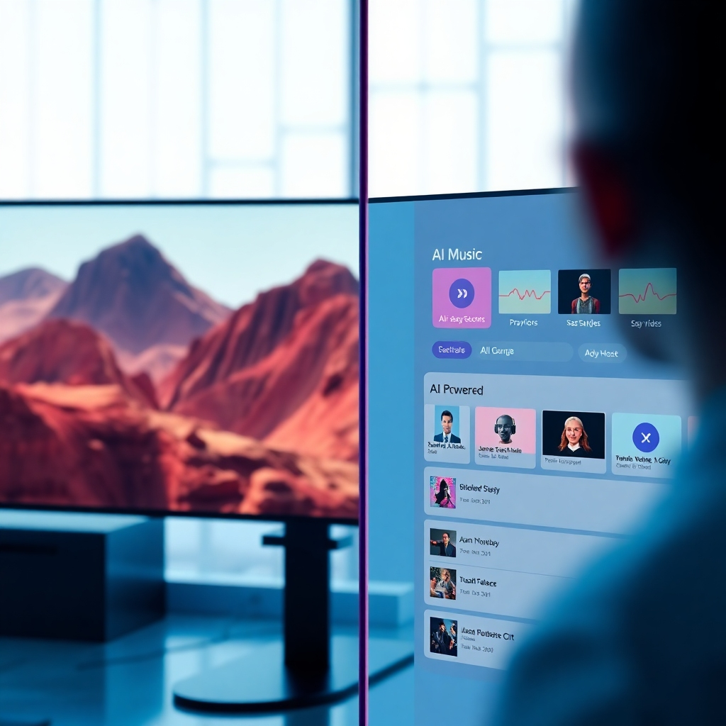 A photorealistic image showcasing a split screen: one side showing a captivating thumbnail generated by AI for a short video, and the other showing AI-powered music selection tools with various genre options. Bright, vibrant and modern aesthetic.