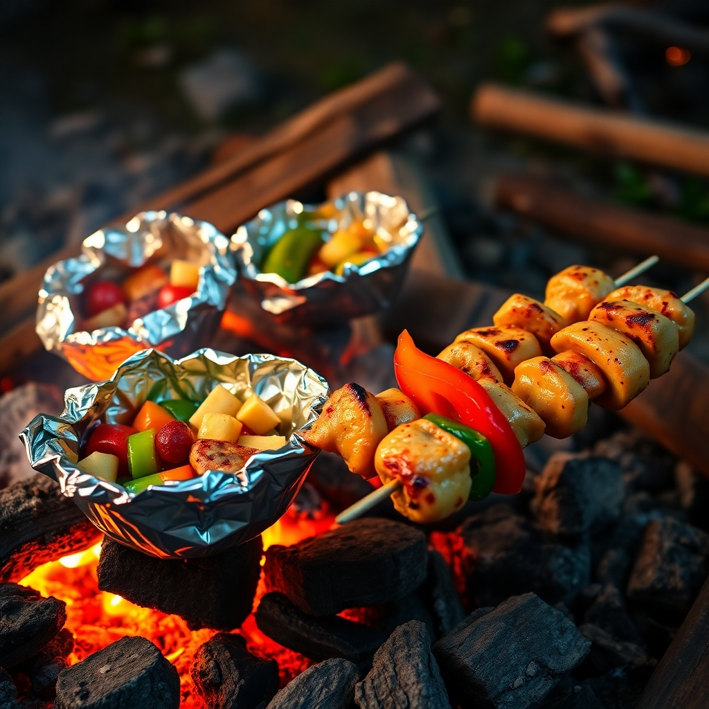 A photorealistic image showcasing various campfire cooking hacks: foil packets filled with colorful vegetables and meats grilling over the embers, and kabobs with marinated chicken and peppers sizzling on skewers over the campfire. The setting should be a nighttime campfire scene with warm, inviting lighting.