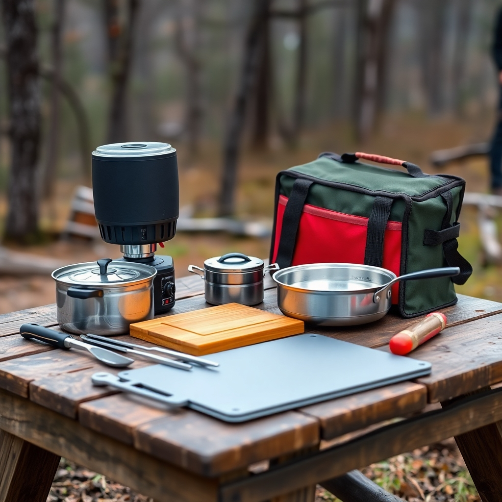 A photorealistic image showcasing a neatly organized set of camp cooking essentials: a portable camping stove, a lightweight cookware set (pot, pan, and utensils), a cutting board, and a cooler bag, all arranged on a rustic wooden table in a natural outdoor setting. The background should be a blurred forest scene.