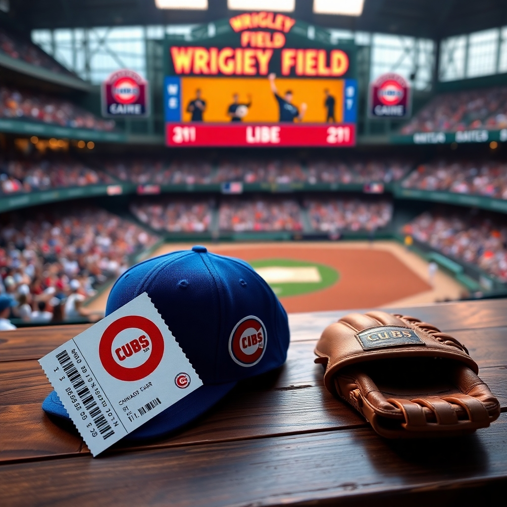 A photorealistic image showcasing two tickets to a Chicago Cubs game at Wrigley Field. The tickets should be placed on a vintage wooden table near a Cubs baseball cap and glove.  The Wrigley Field scoreboard should be subtly visible in the background, with a crowd cheering in a blurred and vibrant atmosphere.